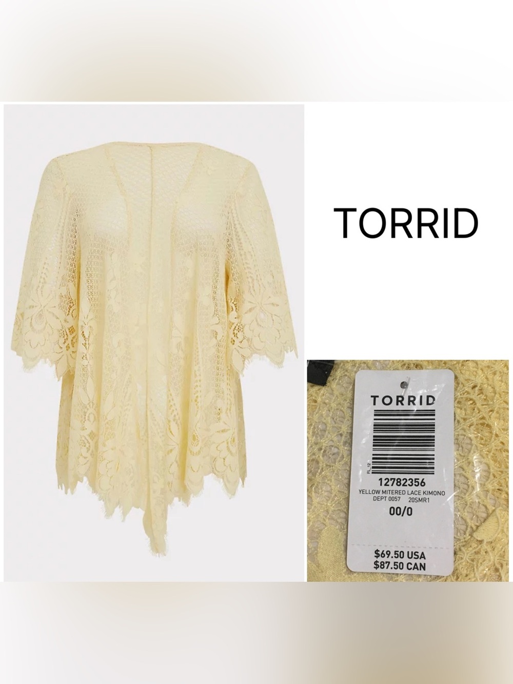 TORRID - 00/0X M/L - NWT - YELLOW LACE KIMONO CARDIGAN / KAFTAN / COVER UP